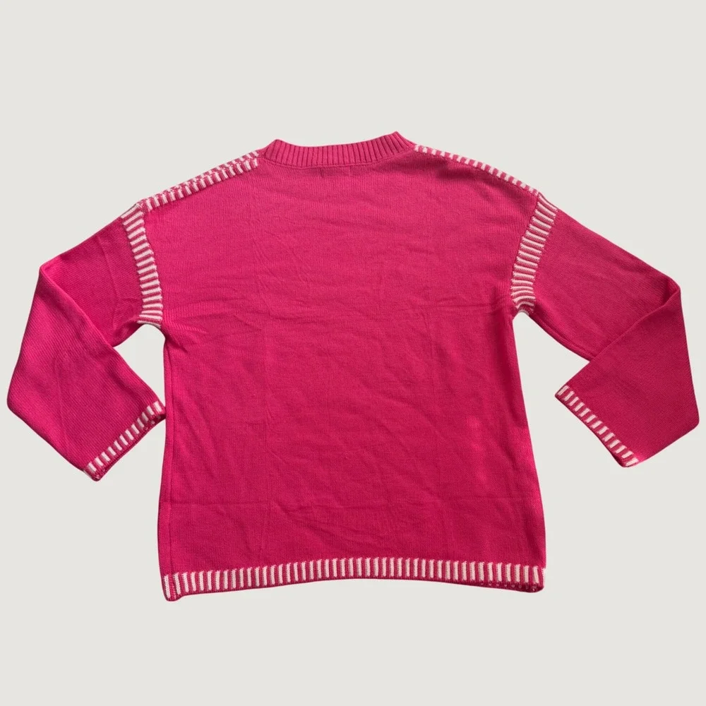 Dokotoo Sweater L Crewneck Contrast Stripe Acrylic Blend Relaxed Pink NEW